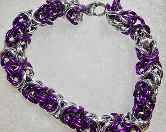 Purple and Silver Anodized Aluminum Byzantine Chainmail Bracelet