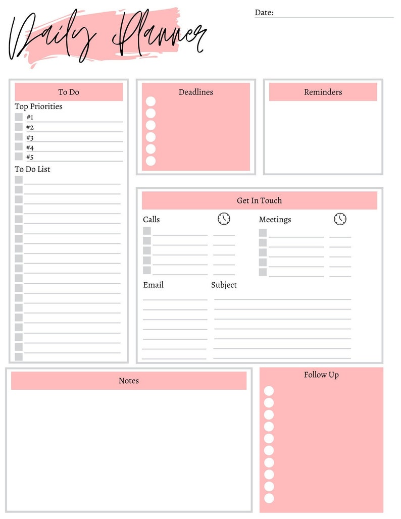 PRINTABLE Daily Planner to Do Deadlines Reminders - Etsy