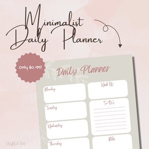 May include: A printable daily planner with a minimalist design. The planner has sections for Monday through Thursday, a to-do list, notes, and a space to write the week of. The planner is on a light gray background with white and gray floral accents.