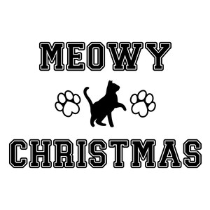 以下が含まれることがあります： 黒と白のグラフィックデザインで、「MEOWY CHRISTMAS」というテキストが太字のブロック体で書かれています。両側に肉球の跡がある黒猫のシルエットです。