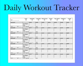 May include: A black and white printable daily workout tracker with a table for recording exercises, sets, reps, weight, and percentage of one rep max. The table includes columns for cardio, upper body, lower body, bicep and tricep, olympic, yoga/stretch, calisthenics, and crossfit.