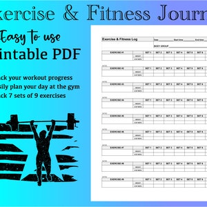 May include: A printable PDF fitness journal with a black and white illustration of a person lifting weights. The journal has a section for tracking 7 sets of 9 exercises, with columns for date, start time, end time, body group, set number, weight, and reps.