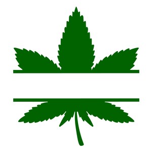 May include: A green marijuana leaf split in half horizontally with a blank space in the middle for text. The leaf is a popular symbol for cannabis.