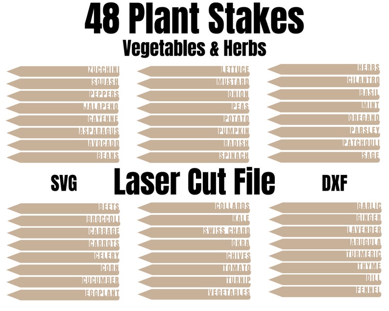 May include: A set of 48 laser cut plant stakes for vegetables and herbs. The stakes are made of wood and are labeled with the names of different vegetables and herbs. The file types included are SVG, DXF, and Laser Cut File.