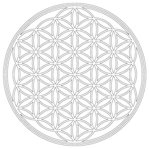 May include: A black and white geometric pattern known as the Flower of Life. The pattern is made up of overlapping circles and is often used in sacred geometry.