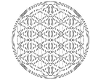 May include: A black and white geometric pattern known as the Flower of Life. The pattern is made up of overlapping circles and is often used in sacred geometry.