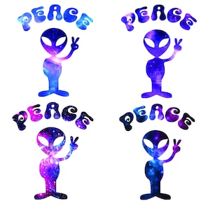 May include: Four images of a purple and blue alien with a peace sign, each with the word "Peace" in a psychedelic font above the alien.