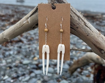 Carved Bone Walrus Tusk and Fossilized Coral Earrings