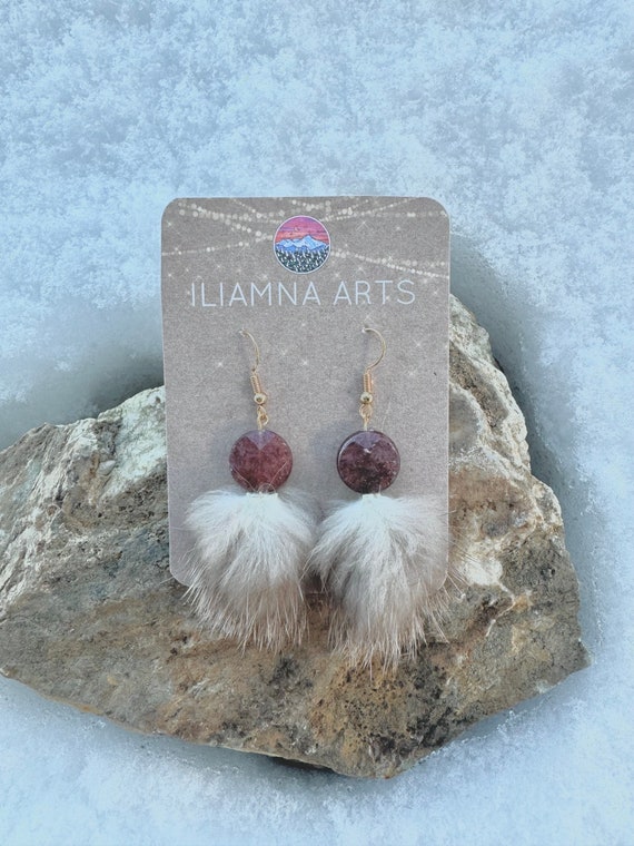 Raspberry Aventurine Earrings with Real Otter Fur - Feminine Boho Dangles - Handmade Alaska Jewelry