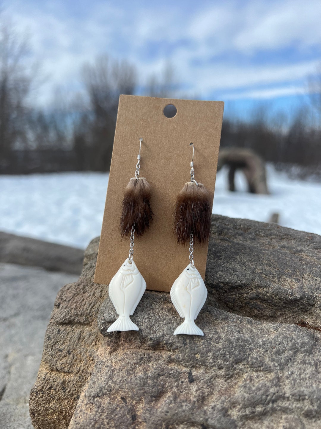 Otter Fur and Carved Bone Halibut Earrings Etsy