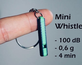 Może przedstawiać: Mały, czarny i zielony gwizdek ze srebrnym łańcuszkiem. Obok gwizdka widnieje napis "Mini Whistle" oraz specyfikacje: 100 dB, 0,6 g i 4 min.