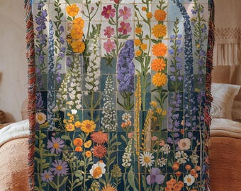 Floral Cottagecore Flowers Throw Blanket Tapestry, Vintage Woven Rug Wall, Hanging Sofa, Bed Cover Decor, 100% Cotton Gift, Wildflowers