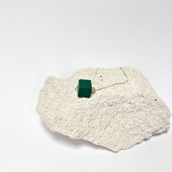 Minimalistic city style necklace CUBE /green tones/ made of concrete and silver, durable, lightweight pendant, gift for her and him, short
