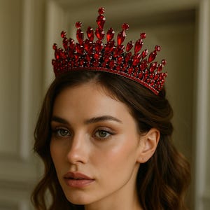 May include: A red jeweled crown with a tiara design. The crown is adorned with numerous red gemstones, creating a sparkling effect. The crown is set against a soft background, highlighting the intricate details of the headpiece.