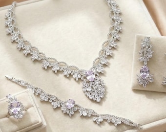 Silver Crystal Bridal Jewelry Set, Cubic Zirconia Wedding Necklace Earrings Bracelet Ring