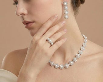 Crystal Pearl Bridal Jewelry Set with Swarovski Zirconia, Elegant Wedding Necklace, Bracelet, Earrings & Ring for Bride
