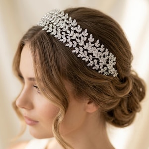 Crystal Bridal Headpiece, Silver Leaf Wedding Headband, Bridal Hair Vine, Wedding Hair Accessory for Bride