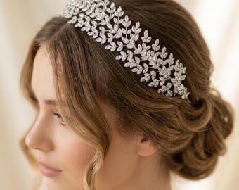 Crystal Bridal Headpiece, Silver Leaf Wedding Headband, Bridal Hair Vine, Wedding Hair Accessory for Bride