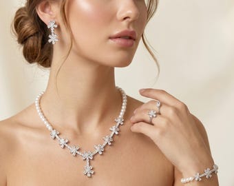 Floral Pearl Bridal Jewelry Set in Silver, Crystal Wedding Necklace  Earrings Bracelet Ring, Cubic Zirconia Bride Jewelry