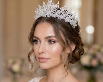 Luxury Crystal Bridal Tiara, Statement Zircon Wedding Crown, Silver CZ Princess Tiara
