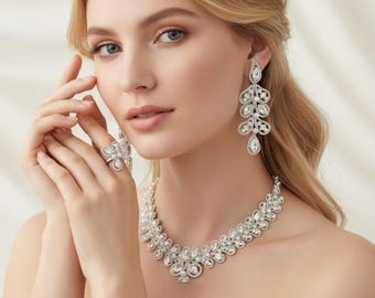 Swarovski Zirconia Pearl Bridal Jewelry Set in Silver: Necklace, Earrings, Bracelet and Ring Crystal Floral Wedding Jewelry Set