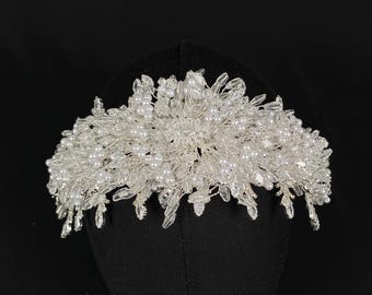 Lyxigt brudhuvudbonad med Swarovski-kristaller och pärlor: Silverpärlhårband, eleganta hårsmycken för bruden, glittrande brudaccessoar