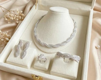 Statement Bridal Jewelry Set with Cubic Zirconia, Silver Wedding Necklace Bracelet Earrings Ring for Bride