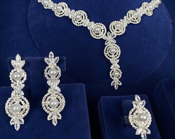 Swarovski Crystal Pearl Bridal Jewelry Set, Handmade CZ Floral Wedding Necklace Bracelet Earrings Ring