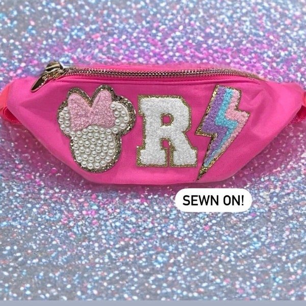 Patches SEWN ON Personalized Kids Chenille Patch Nylon Fanny Pack, Custom Disney Fanny Pack Kids Toddlers, Pearl Minnie Disney Patches