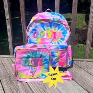 Patches SEWN ON Personalized Nylon Backpack and Lunchbox, Tiedye Backpack and Lunchbox set with Chenille Patches Letter Patches