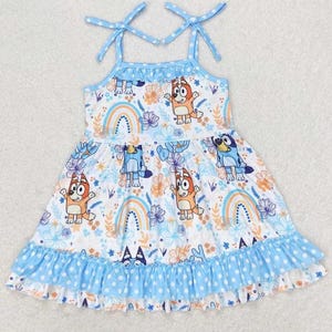 Vestido de aniversário inspirado em Bluey para meninas, vestido rosa azul para festa com desenho de cachorro, presente de bingo Bluey