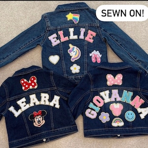 Patches SEWN ON Personalized Jean Jacket, Girls Chenille Letter Patch Jean Jacket, Custom Disney Denim Jacket for Toddlers Kids