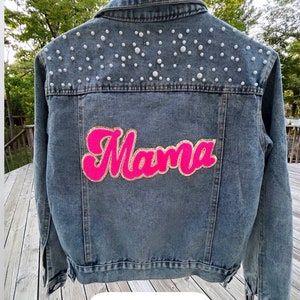 Custom Mama Jean Jacket, New Mom Gift, Personalized Mama Chenille Patch Denim Jacket with Pearls, Gift for Mom, Baby Shower Gift