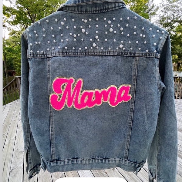 Custom Mama Jean Jacket, New Mom Gift, Personalized Mama Chenille Patch Denim Jacket with Pearls, Gift for Mom, Baby Shower Gift