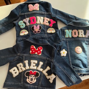Patches SEWN ON Personalized Jean Jacket, Girls Chenille Letter Patch Jean Jacket, Custom Disney Denim Jacket for Toddlers Kids