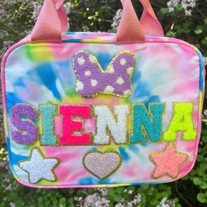 Patches SEWN on Personalized Chenille Patch Lunchbox, Custom Nylon Lunchbox with Patches