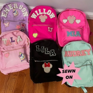 Patches SEWN ON Personalized Chenille Patch Backpack, Custom Nylon Backpack with Patches, Personalized Disney Backpack