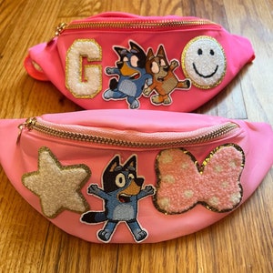 Patches SEWN ON Toddler Kids Fanny Pack, Custom Chenille Patch Nylon Fanny Pack, Bluey Patches, Personalized Bluey Bag