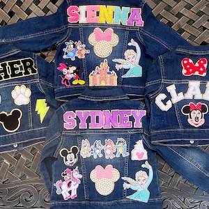 Patches SEWN ON Girls Personalized Jean Jacket, Kids Custom Disney Chenille Patches Denim Jacket, Personalized Disney Jean Jacket Patches