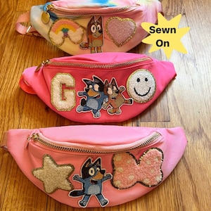 Patches SEWN ON Personalized chenille patch  Nylon Fanny Pack kids toddlers girls custom patch bag bluey bingo birthday gift