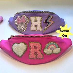 Patches SEWN ON Kids Personalized Chenille Patch Fanny Pack, Custom Nylon Fanny Pack with Patches for Kids Toddlers, Kids Disney Fanny Pack