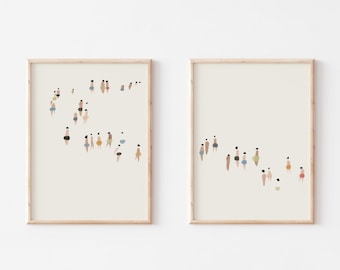 Midcentury Modern Art Print Set: 'Morning Stroll' Minimalist Wall Decor