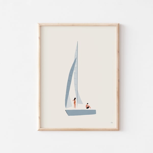 Lámina artística de velero: decoración minimalista para casa de playa costera