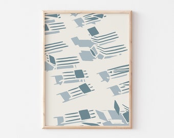 Striped Beach Chair Print, Beach House Art, Coastal Print, Large Wall Art, Sunbathing Art Print