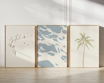 Coastal Triptych Art Print Set: Beach Palm, Ocean Waves