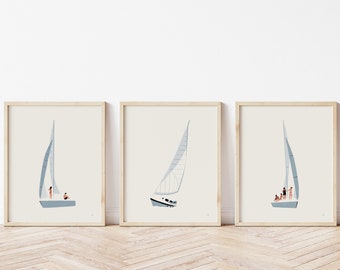 Set of 3 Sailing Art Prints, Sailboat Art, Coastal Wall Art Set, Artwork for Beach House