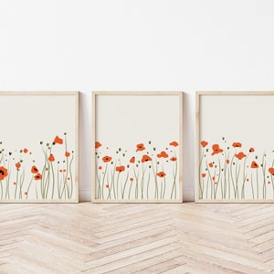 Poppy Art Print Set, Minimalist Wall Art, Set of 3 Prints, Living Room Wall Art, Botanical Print Set, Wall Decor, 3 Piece Wall Art image 1