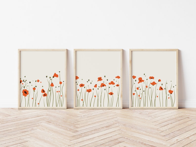 Poppy Art Print Set, Minimalist Wall Art, Set of 3 Prints, Living Room Wall Art, Botanical Print Set, Wall Decor, 3 Piece Wall Art image 1