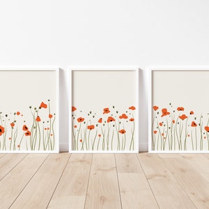 Poppy Art Print Set, Minimalist Wall Art, Set of 3 Prints, Living Room Wall Art, Botanical Print Set, Wall Decor, 3 Piece Wall Art image 3