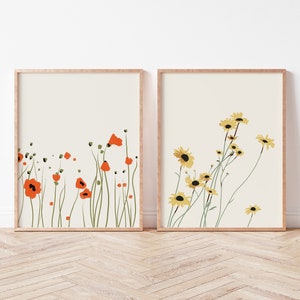 Floral Art Print, Set of 2, Modern Minimalist, Simple Wildflower Print, Floral Nursery Decor, Wildflower Art, Nursery Wall Art